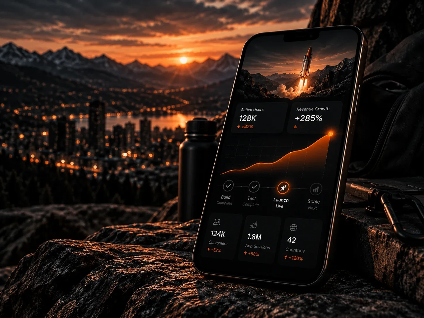 Smartphone mit Launch-Dashboard: Rakete startet über Bergkulisse