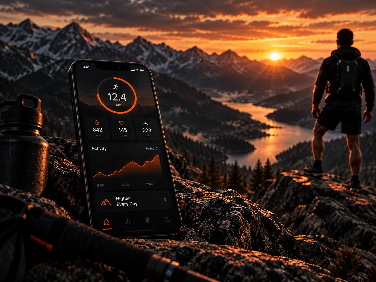 Fitness-App auf einem Smartphone vor Bergkulisse mit Wanderer