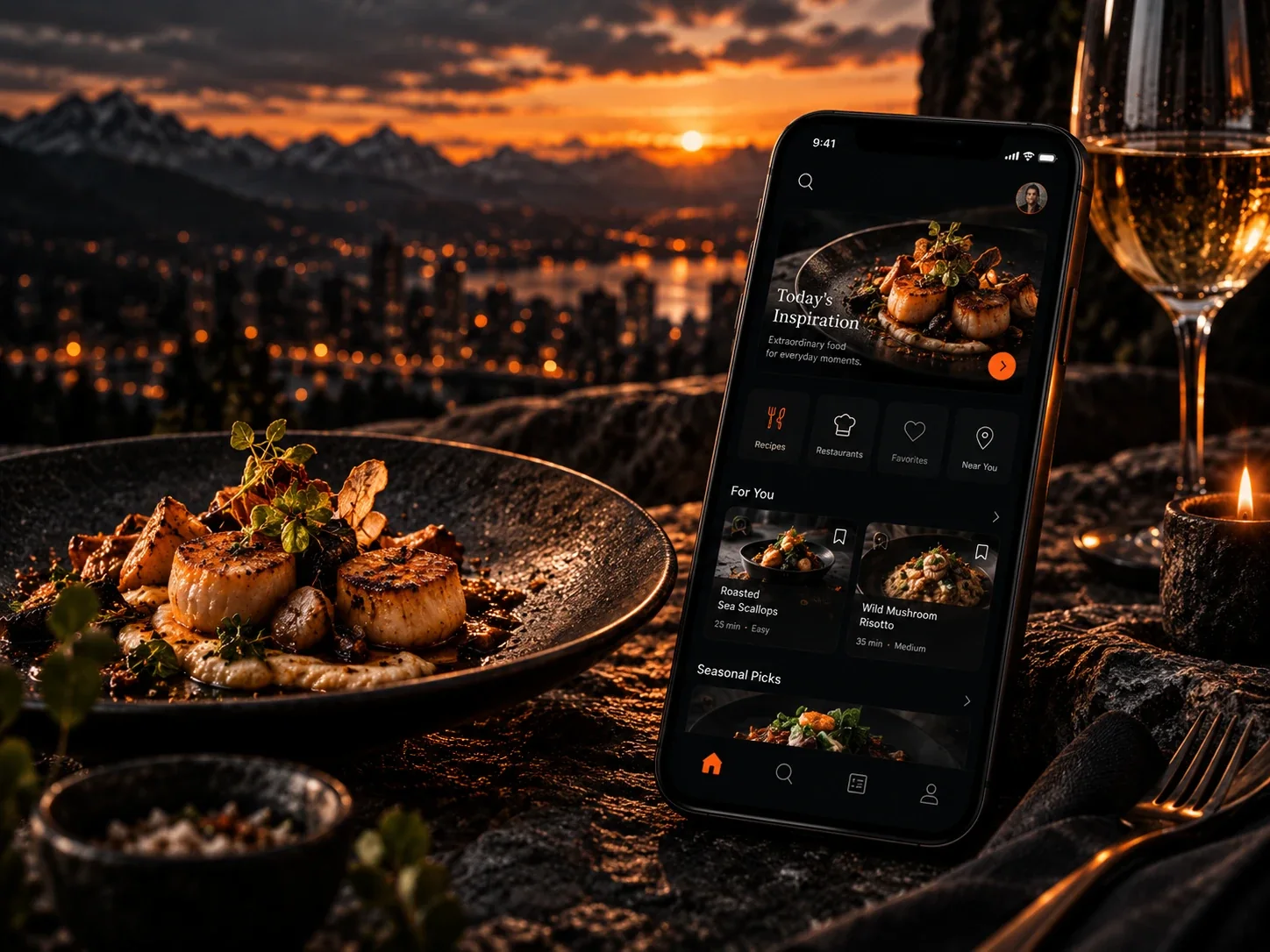 Food-App auf einem Smartphone neben einem angerichteten Teller