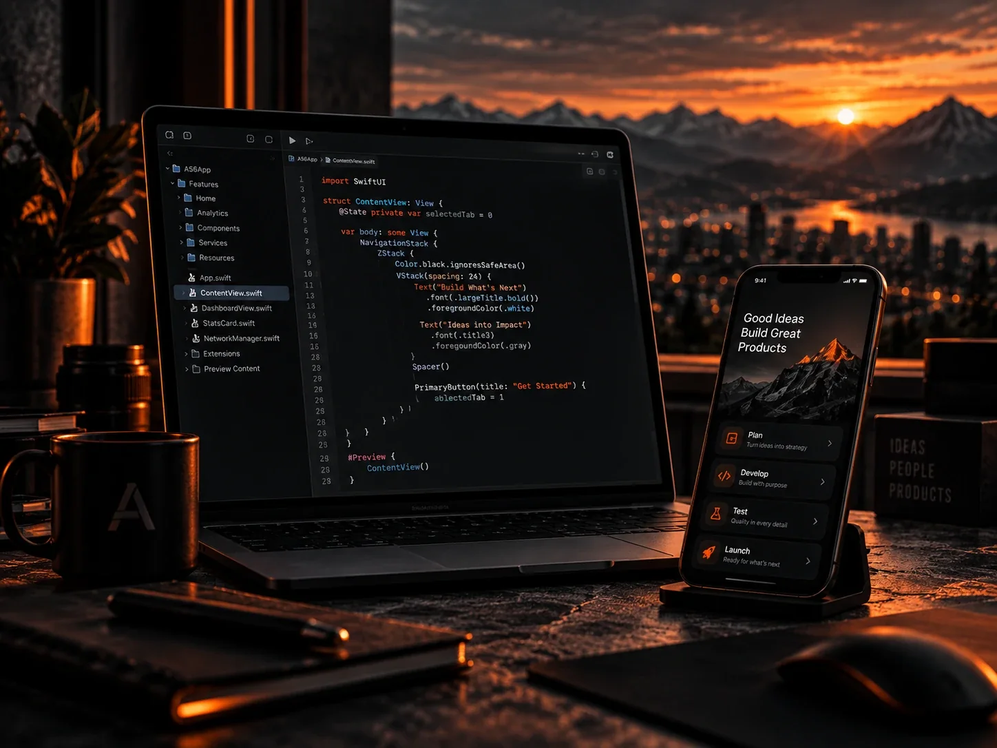 Laptop mit Swift-Code und Smartphone mit App-Oberfläche vor Bergpanorama
